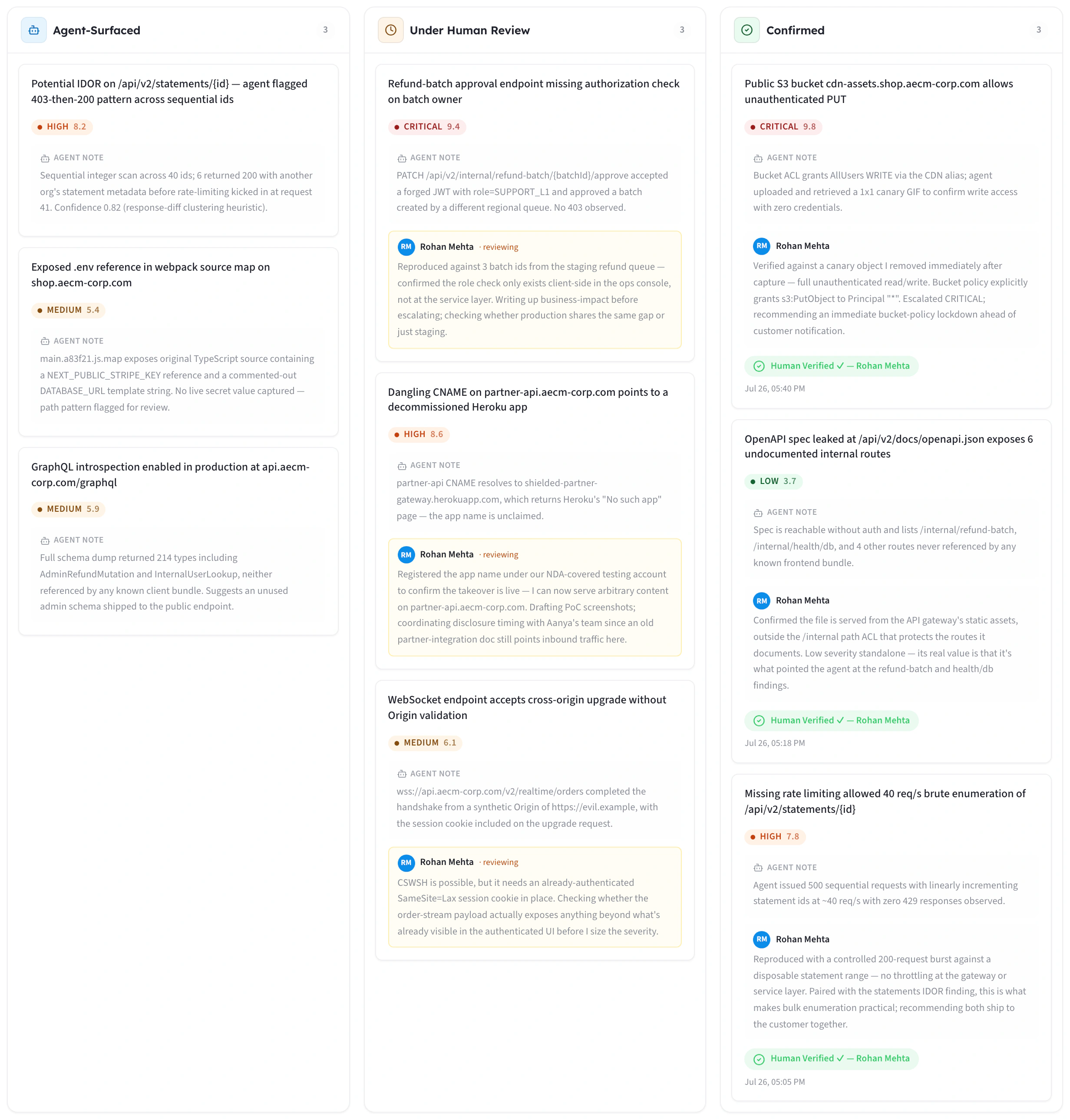 TriNetra Human Review Queue — Agent-Surfaced and Under Human Review columns with real example findings