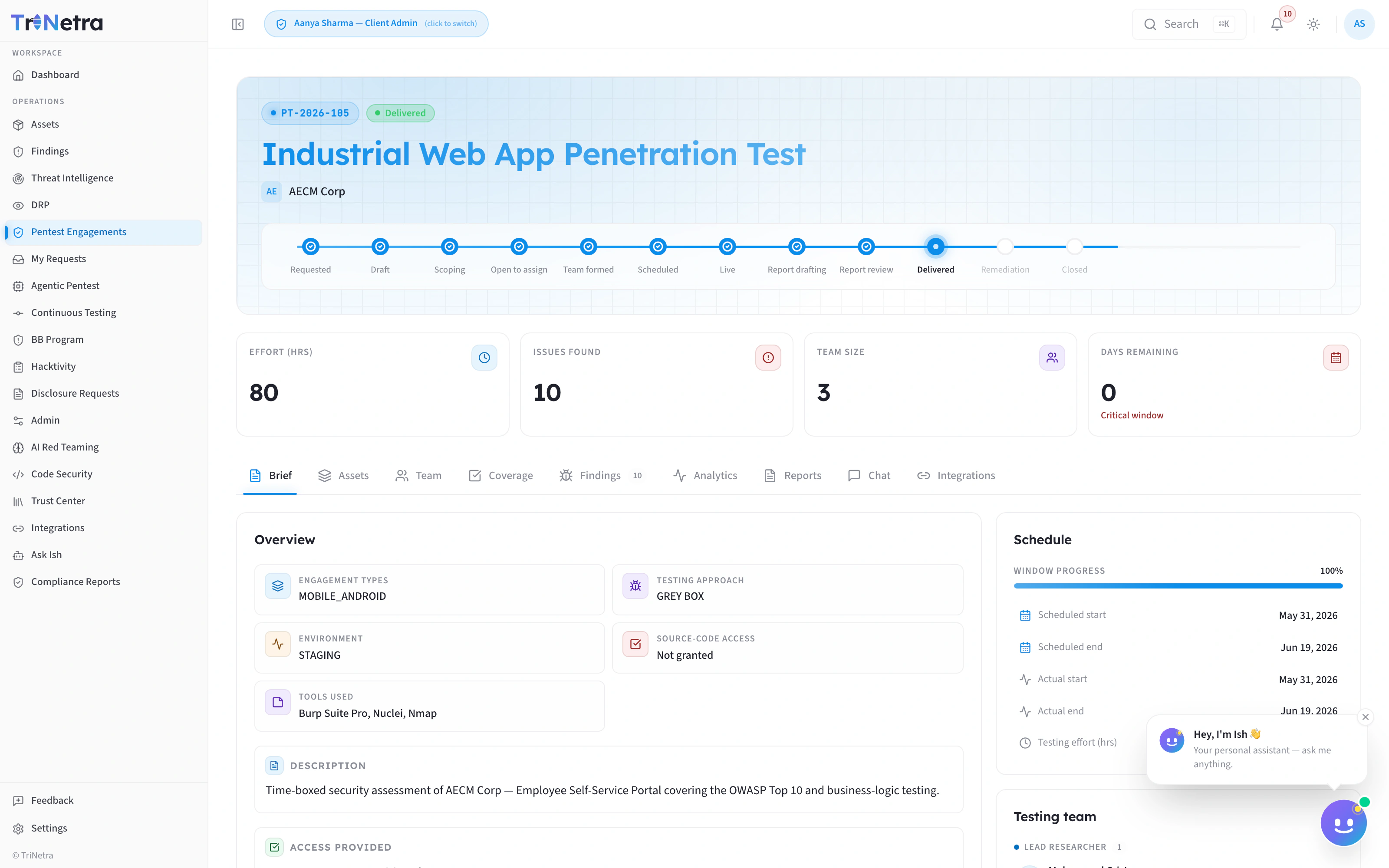 TriNetra engagement dashboard — the same live 12-state lifecycle Agentic Pentest runs on
