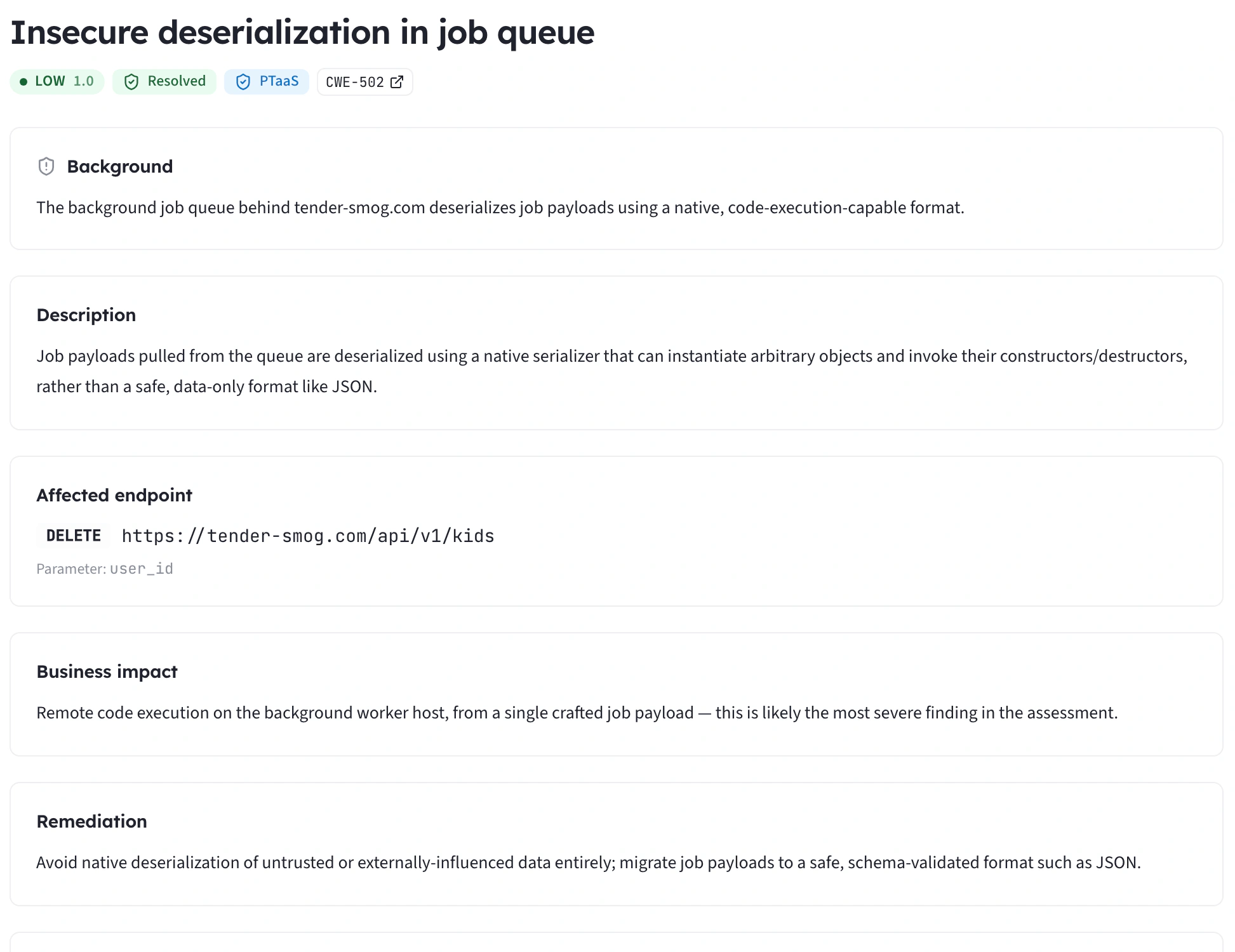 TriNetra finding detail — Background, Description, Affected endpoint, and Business impact sections