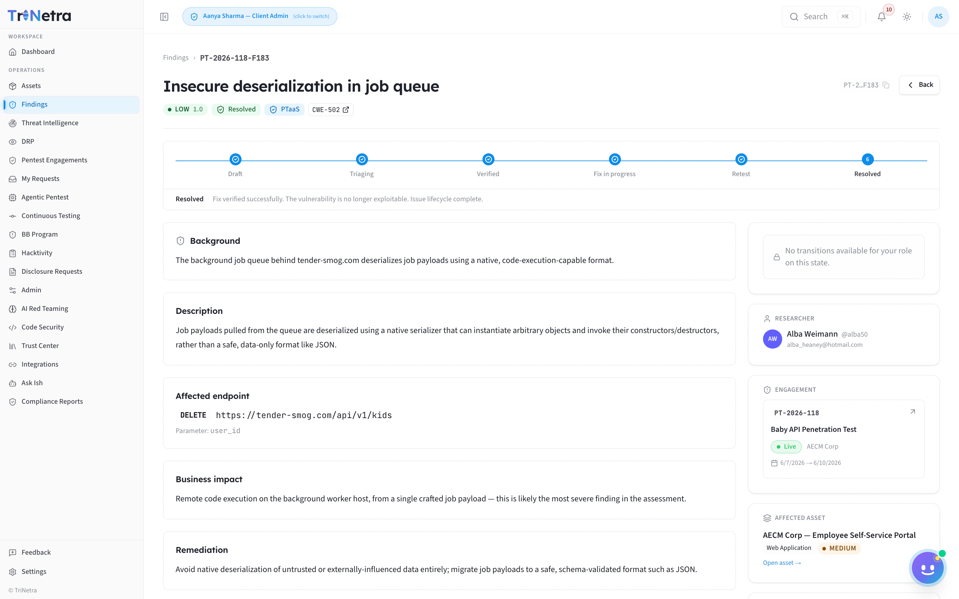 A single finding's full record: severity, CVSS decomposition, reproduction steps, and remediation guidance — the depth behind every line item in an IRDAI report.
