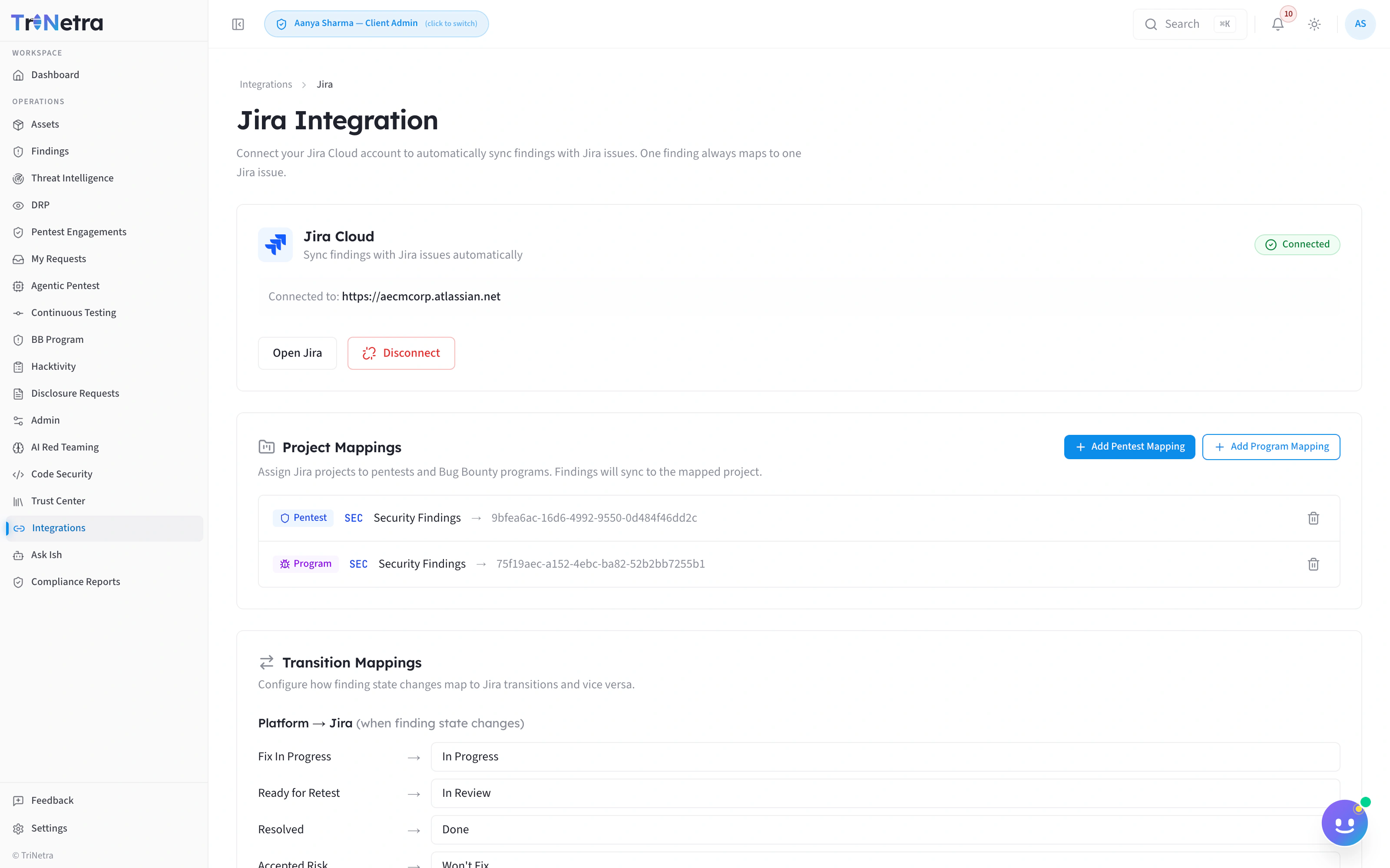 TriNetra Jira integration: two-way sync configuration between findings and Jira issues