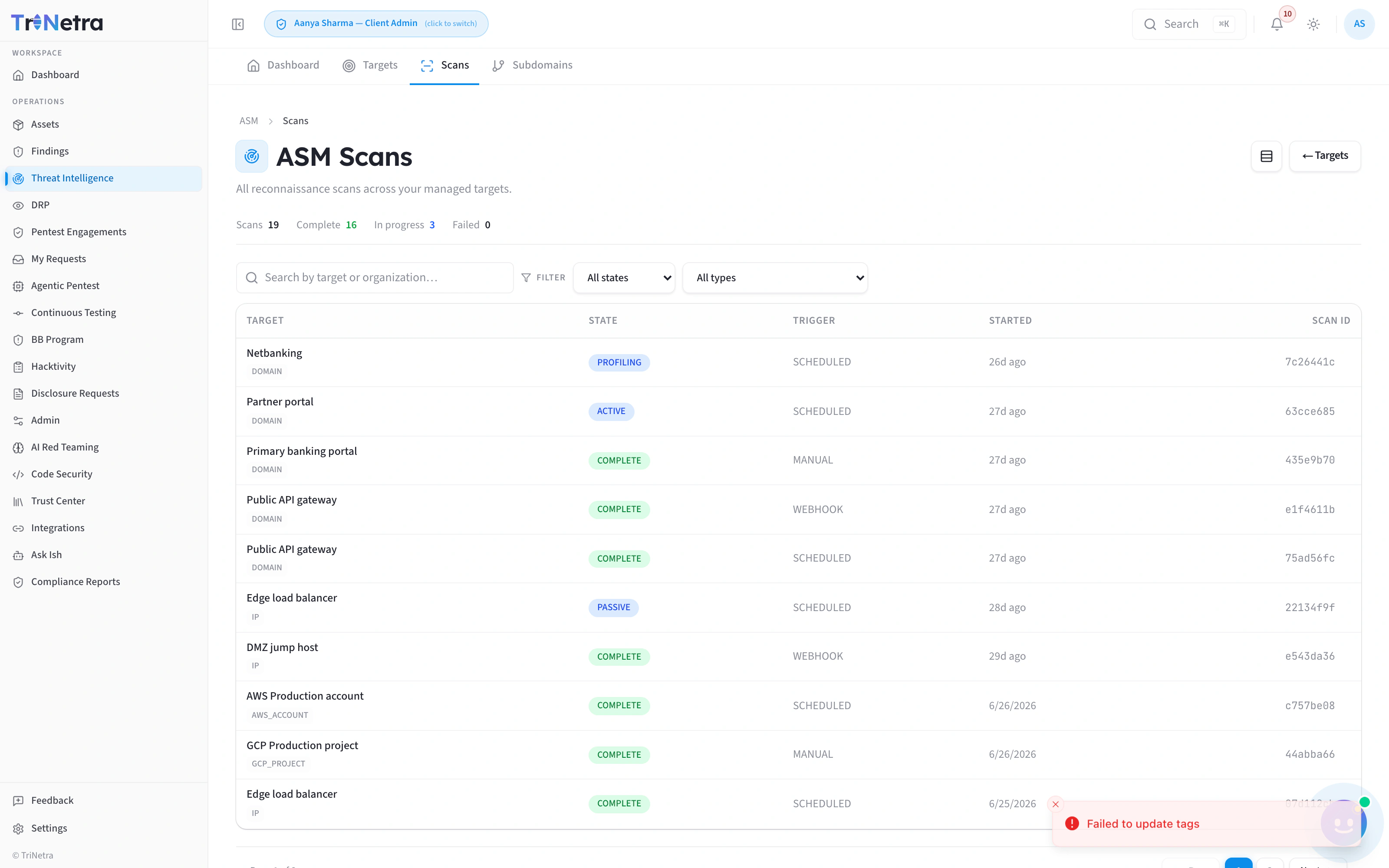 TriNetra ASM scan pipeline advancing through its eleven states with per-phase progress